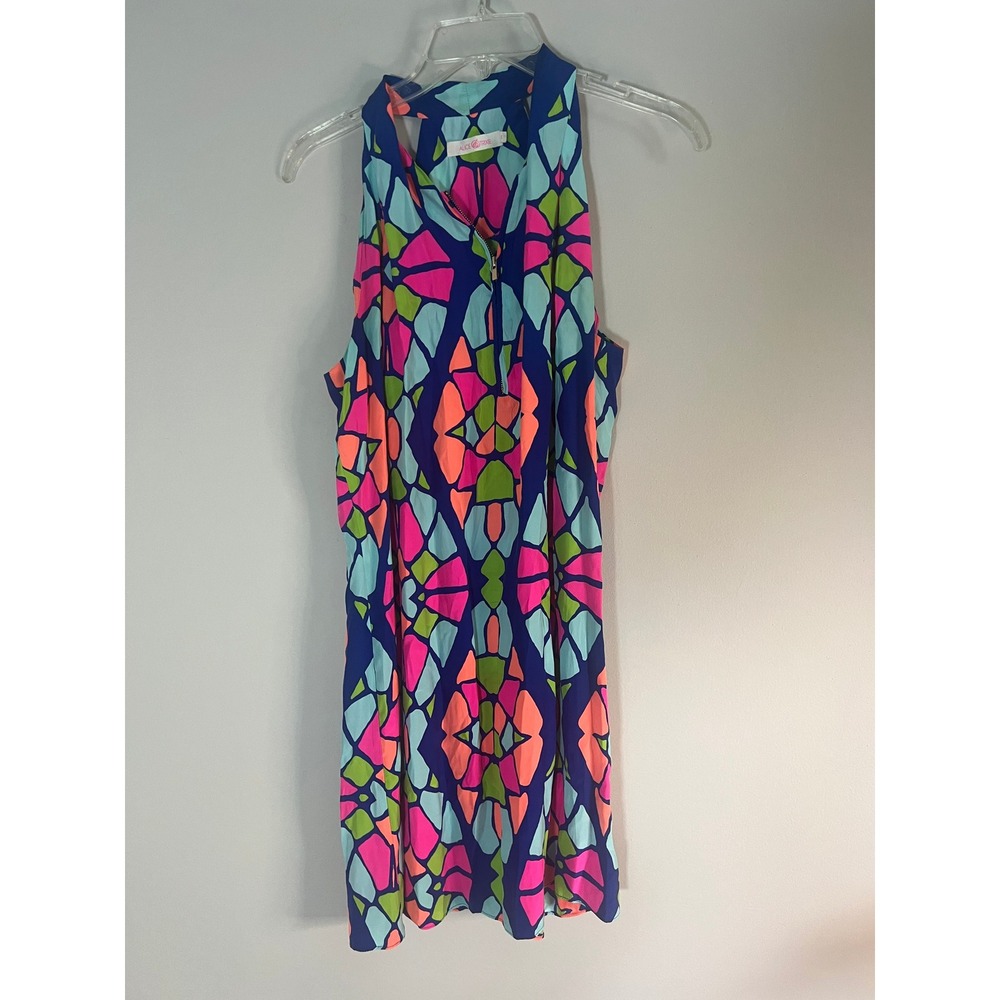 Alice & Trixie 100% Silk Geometric‎ Print Halter Mini Dress Neon Pink Blue Small